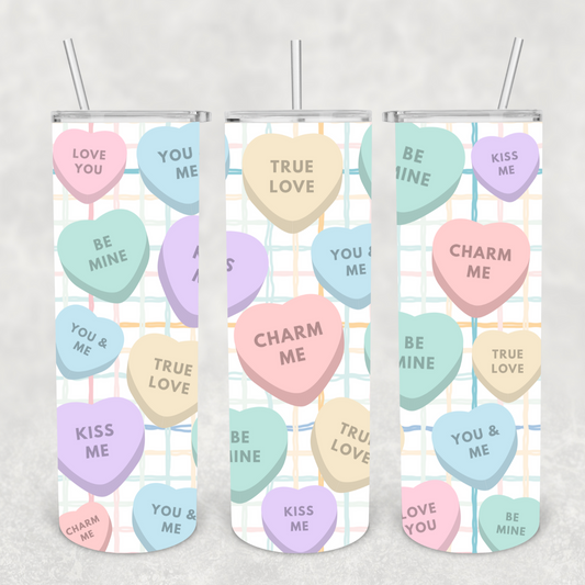 T#139 (Sublimación 20 oz) Corazones de caramelo con mensajes de amor.