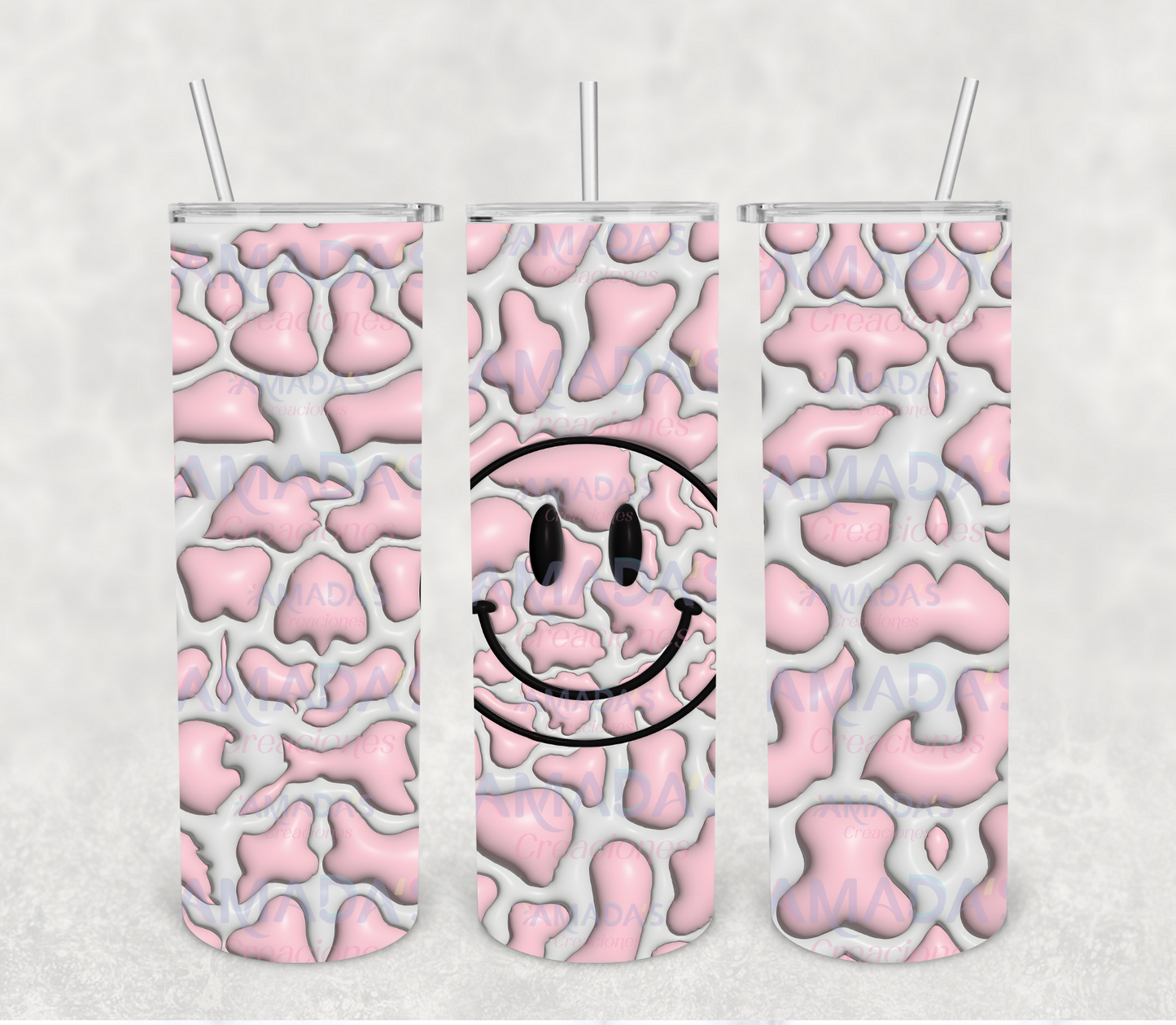 T#214 3D bubblegum pink smiley face(Transferencia de sublimación para tumblers de 20 oz)