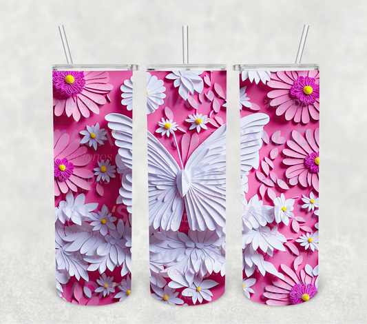 T#268 3D White butterfly and pink flowers.(Transferencia de sublimación para tumblers de 20 oz)