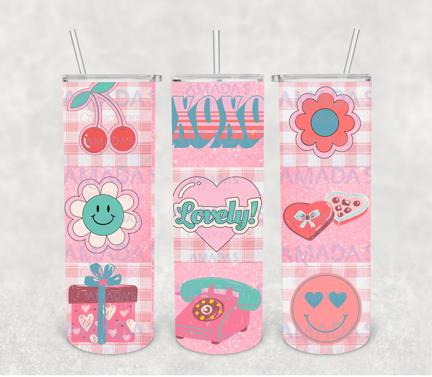 T#64 LOVELY XOXO RETRO(Transferencia de sublimación para tumblers de 20 oz)